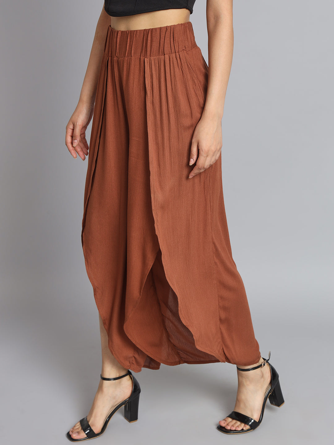 Side Slit Elastic waistband Brown Trouser