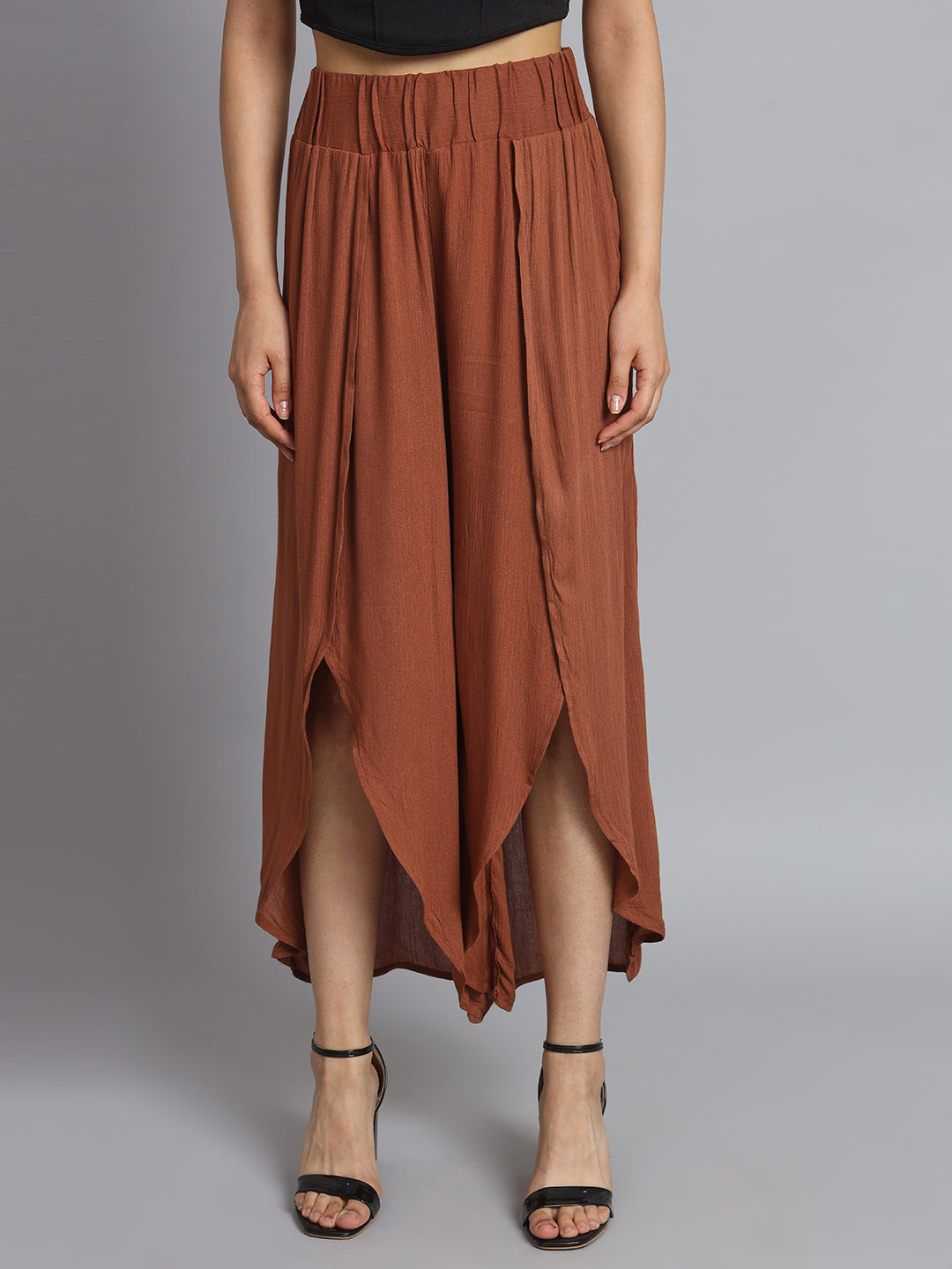 Side Slit Elastic waistband Brown Trouser