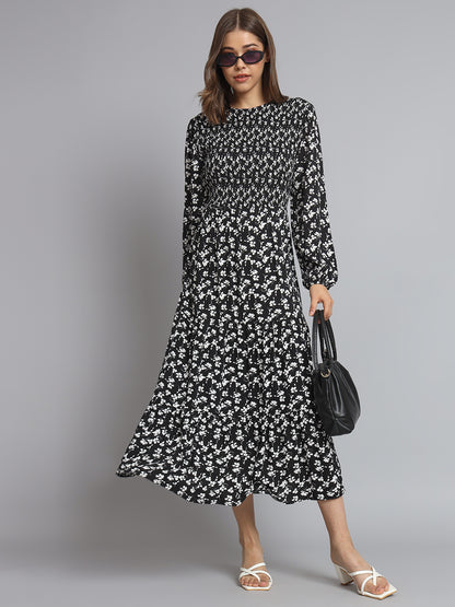 Cotton Fit and Flare Full Sleeve Printed Black Dress