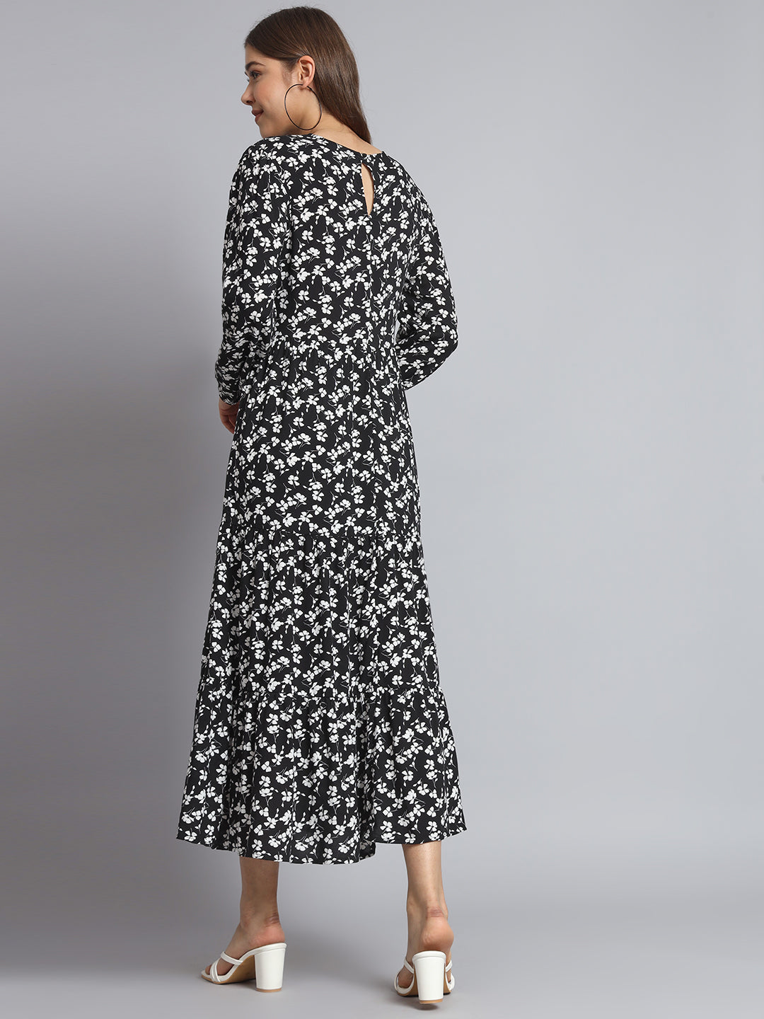 Cotton Fit and Flare Full Sleeve Printed Black Dress