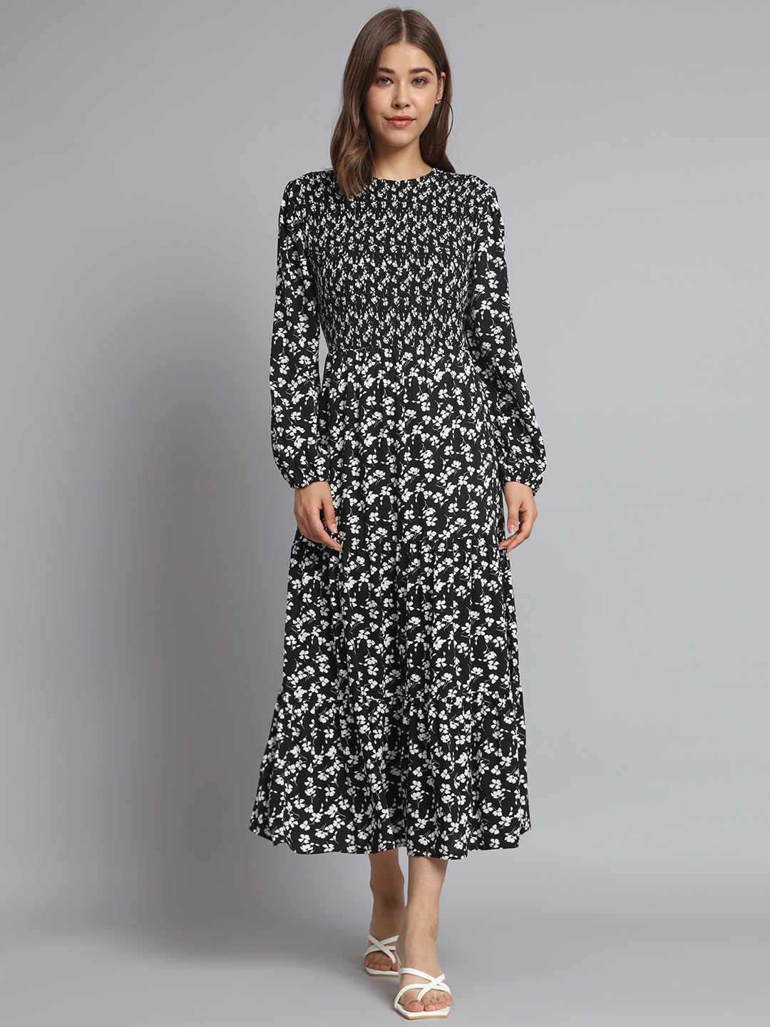 Cotton Fit and Flare Full Sleeve Printed Black Dress