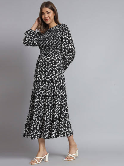 Cotton Fit and Flare Full Sleeve Printed Black Dress