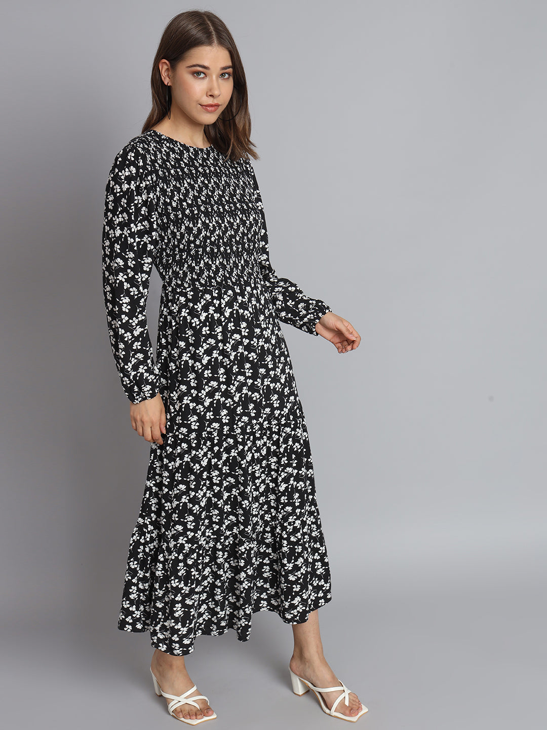 Cotton Fit and Flare Full Sleeve Printed Black Dress