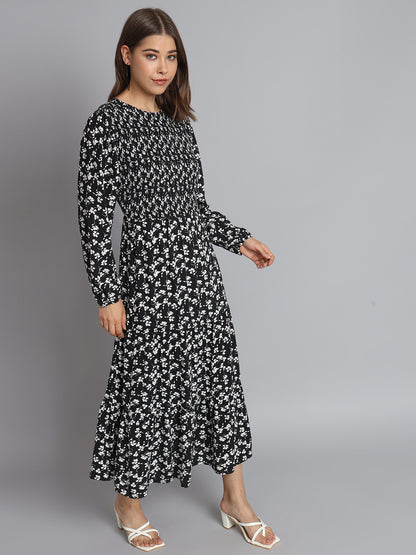 Cotton Fit and Flare Full Sleeve Printed Black Dress