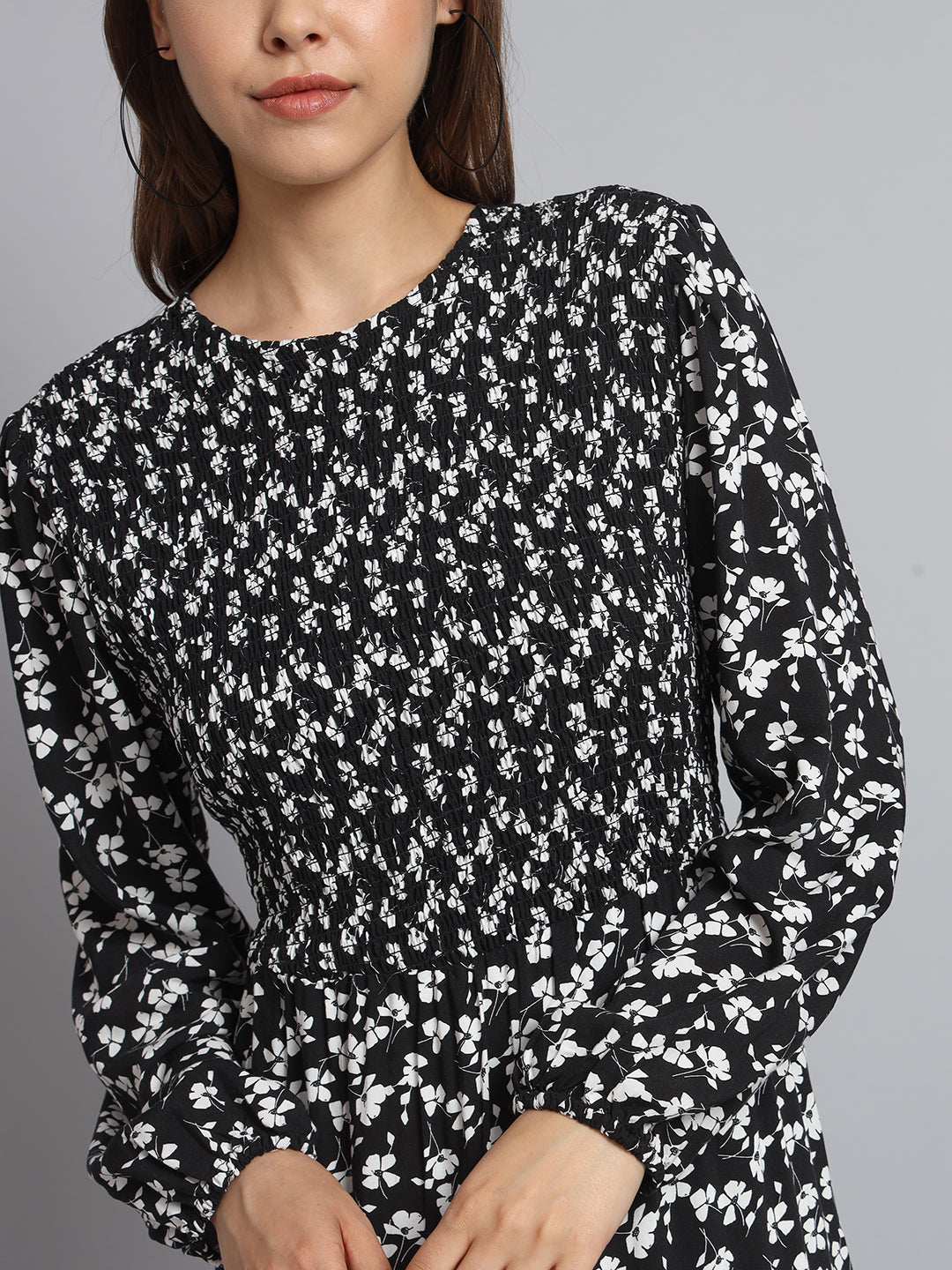 Cotton Fit and Flare Full Sleeve Printed Black Dress