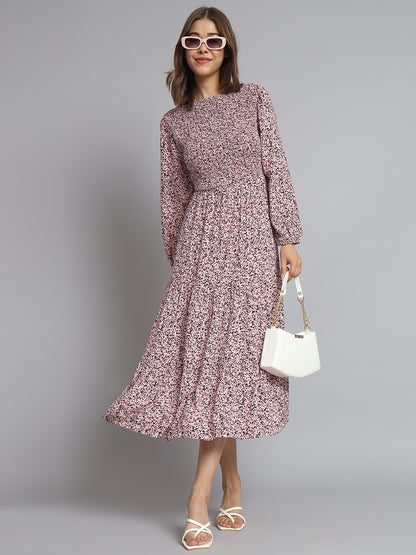 Cotton Fit and Flare Full Sleeve Printed Pink Dress