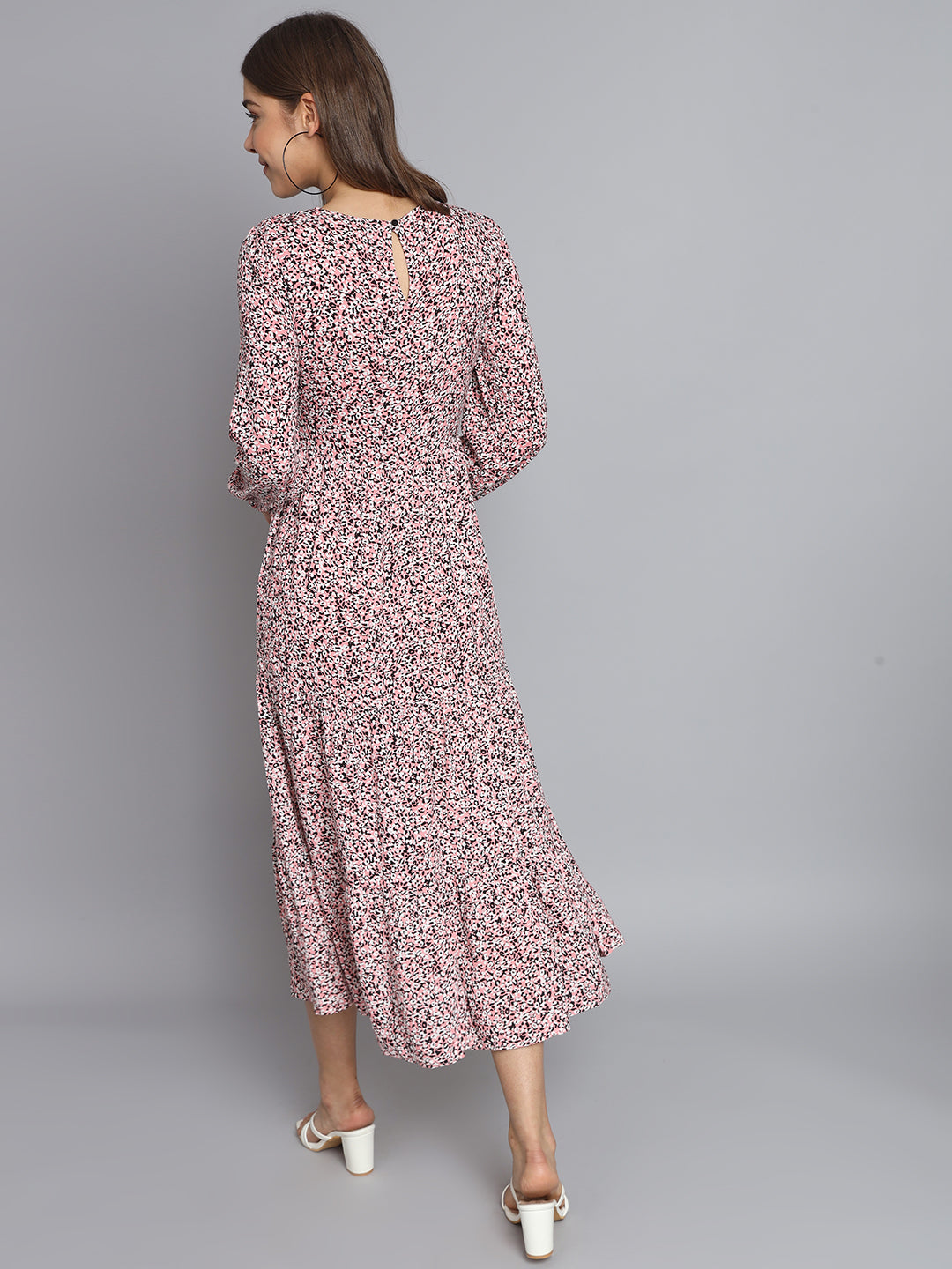 Cotton Fit and Flare Full Sleeve Printed Pink Dress