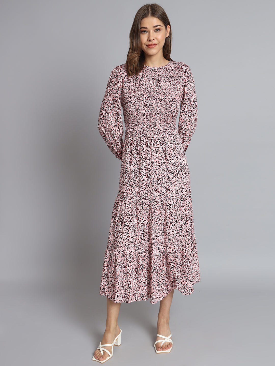 Cotton Fit and Flare Full Sleeve Printed Pink Dress