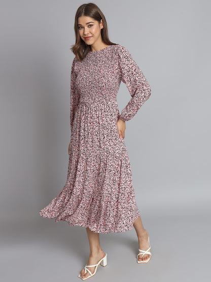 Cotton Fit and Flare Full Sleeve Printed Pink Dress