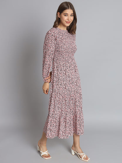 Cotton Fit and Flare Full Sleeve Printed Pink Dress