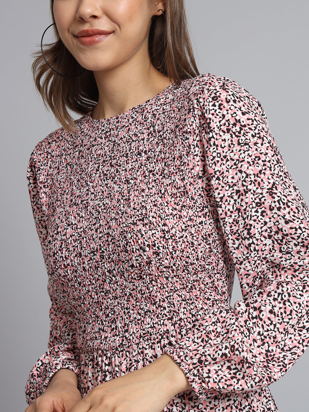 Cotton Fit and Flare Full Sleeve Printed Pink Dress