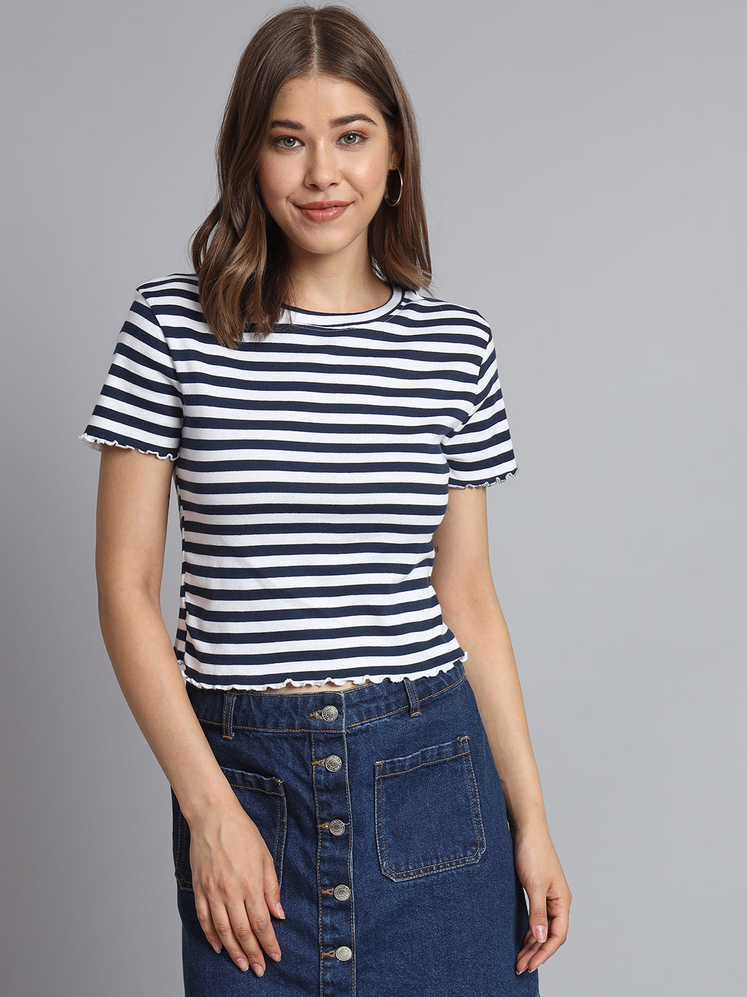 Regular Fit Viscose Stripe O-Neck Crop T-Shirt Top