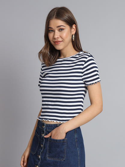 Regular Fit Viscose Stripe O-Neck Crop T-Shirt Top