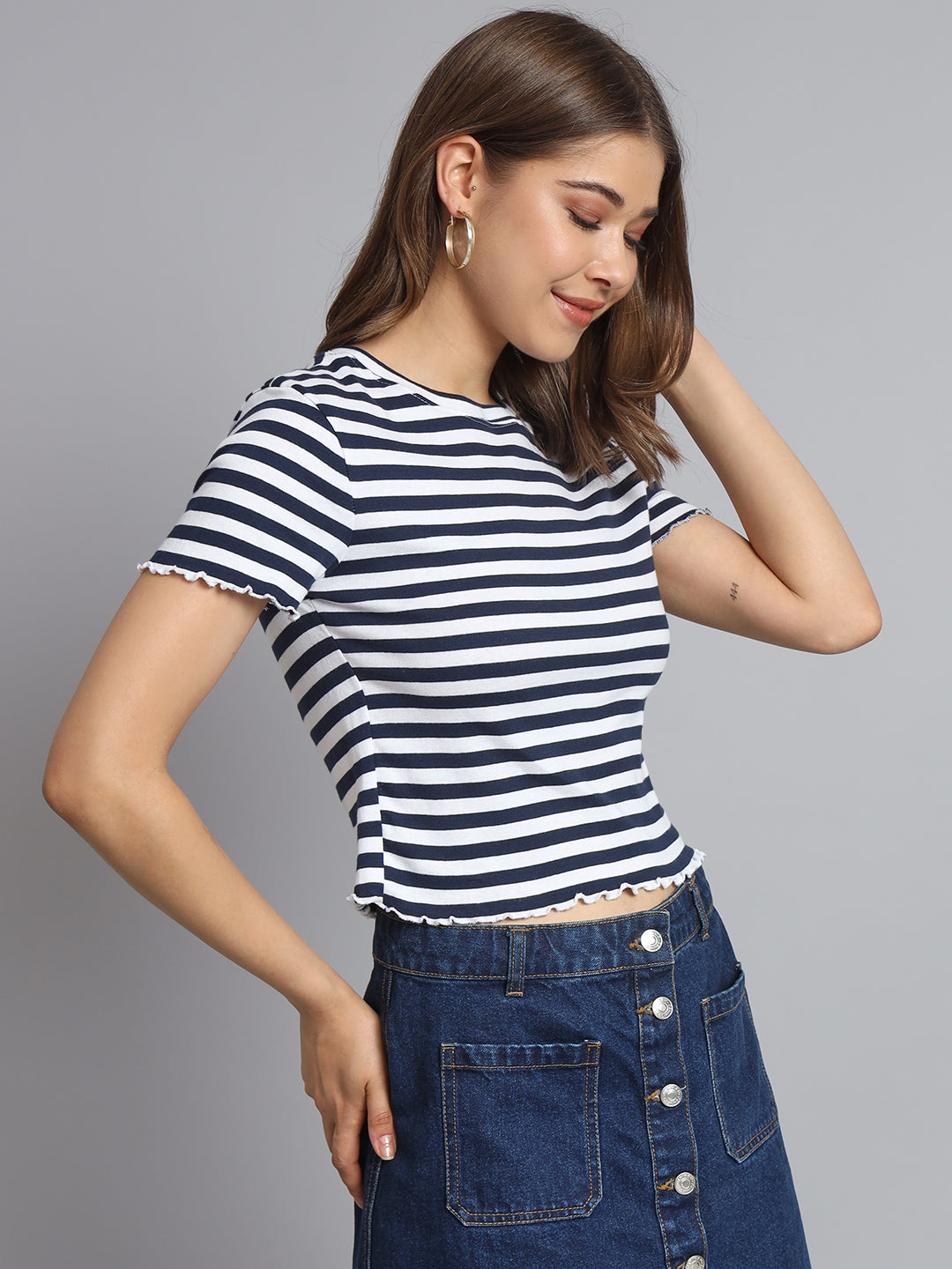 Regular Fit Viscose Stripe O-Neck Crop T-Shirt Top