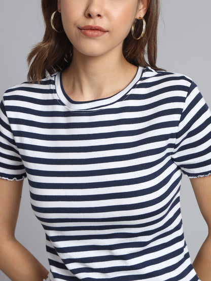 Regular Fit Viscose Stripe O-Neck Crop T-Shirt Top