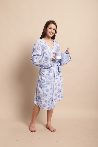 Viscose Full Sleeve Printed Blue Wrapon Dress