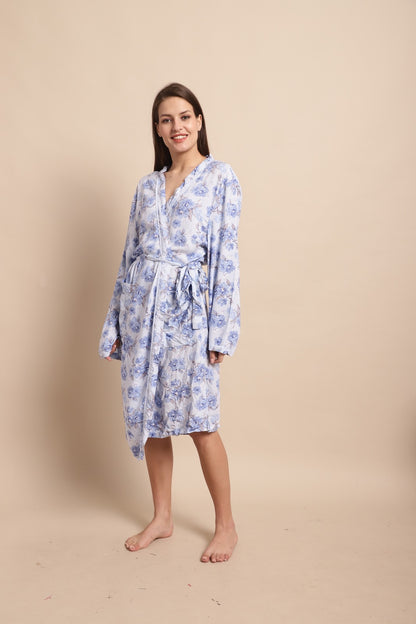 Viscose Full Sleeve Printed Blue Wrapon Dress