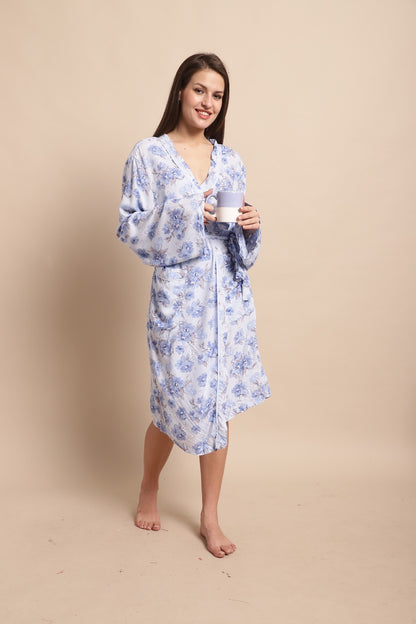 Viscose Full Sleeve Printed Blue Wrapon Dress