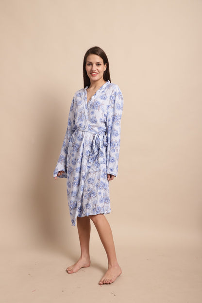 Viscose Full Sleeve Printed Blue Wrapon Dress