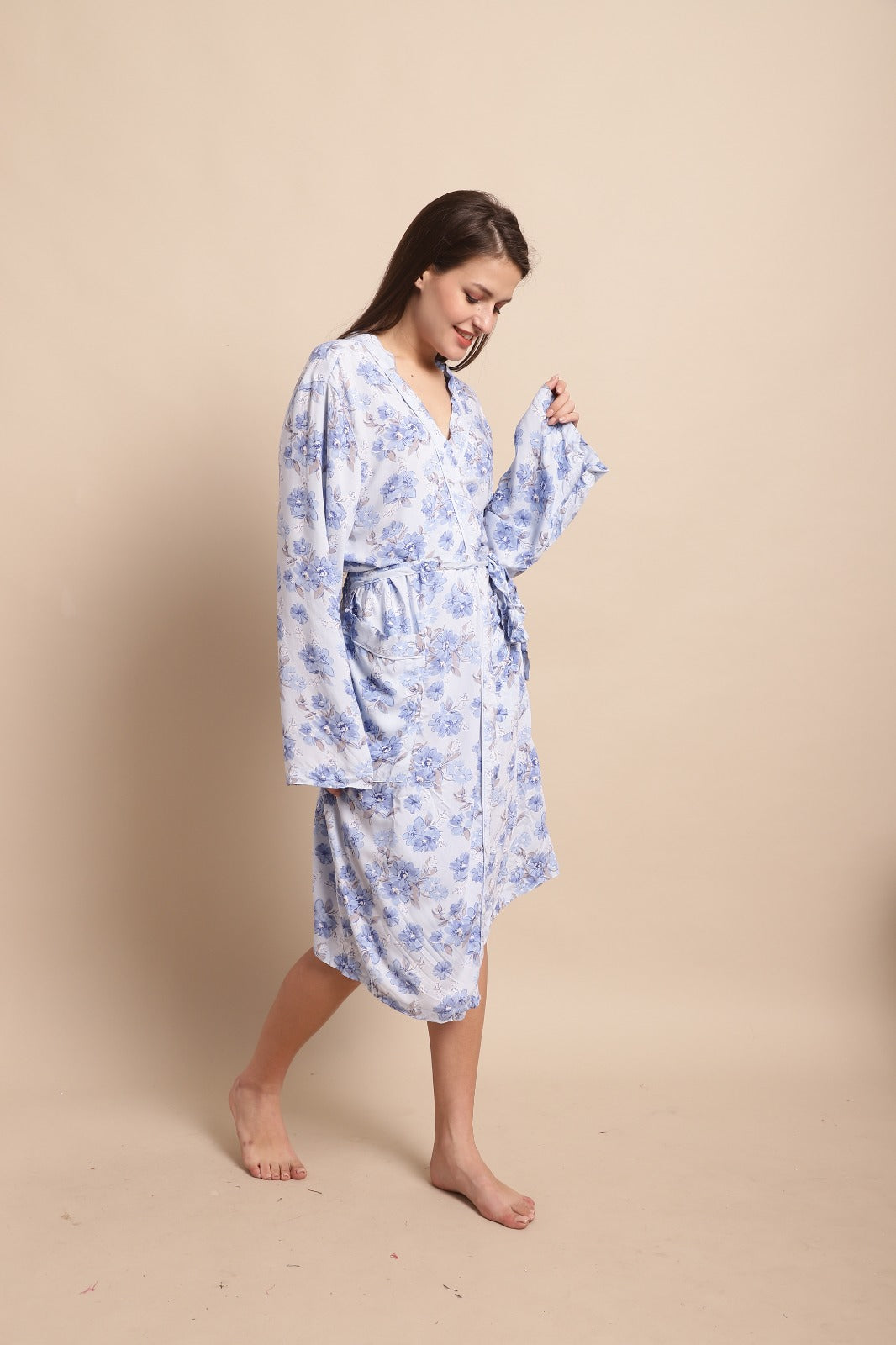 Viscose Full Sleeve Printed Blue Wrapon Dress