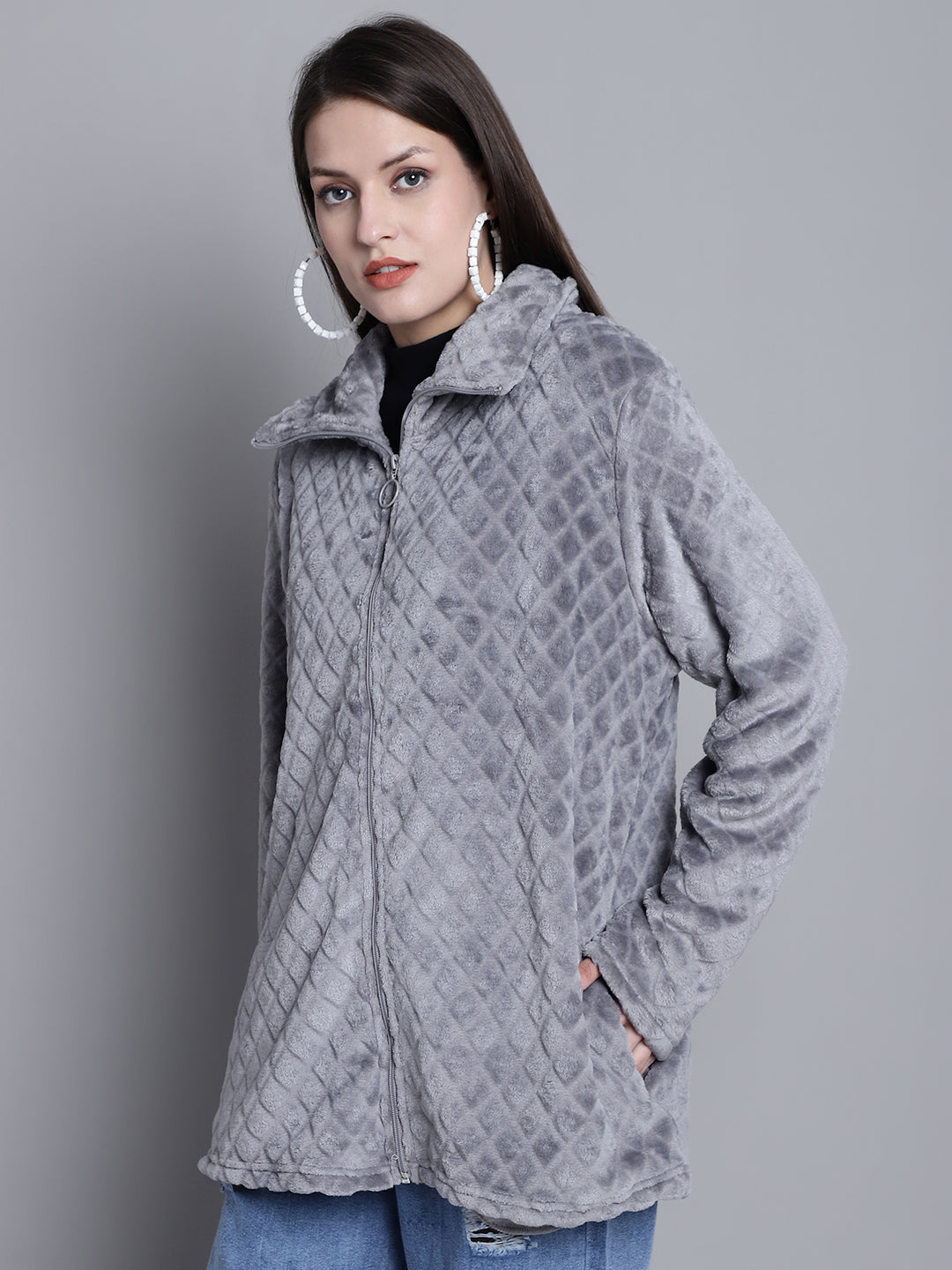 Solid Full Sleeve Zip-Front Winter Grey Jacket