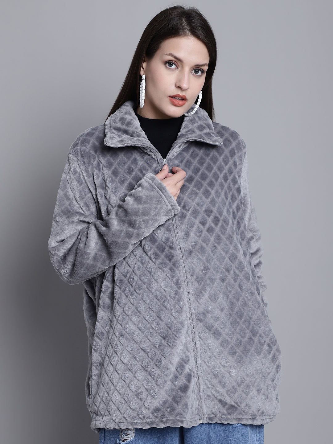 Solid Full Sleeve Zip-Front Winter Grey Jacket