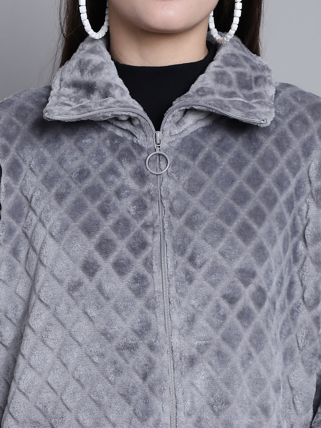 Solid Full Sleeve Zip-Front Winter Grey Jacket