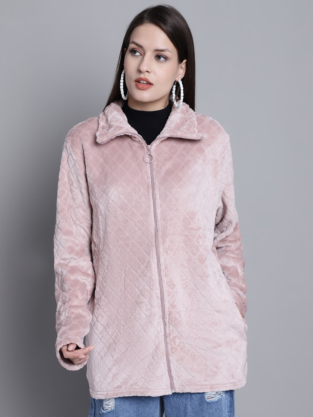 Solid Full Sleeve Zip-Front Winter Pink Jacket