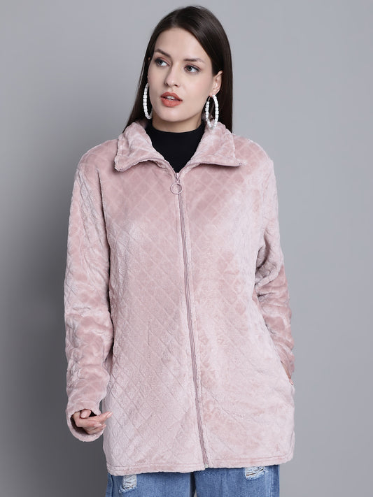 Solid Full Sleeve Zip-Front Winter Pink Jacket