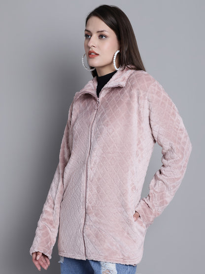 Solid Full Sleeve Zip-Front Winter Pink Jacket