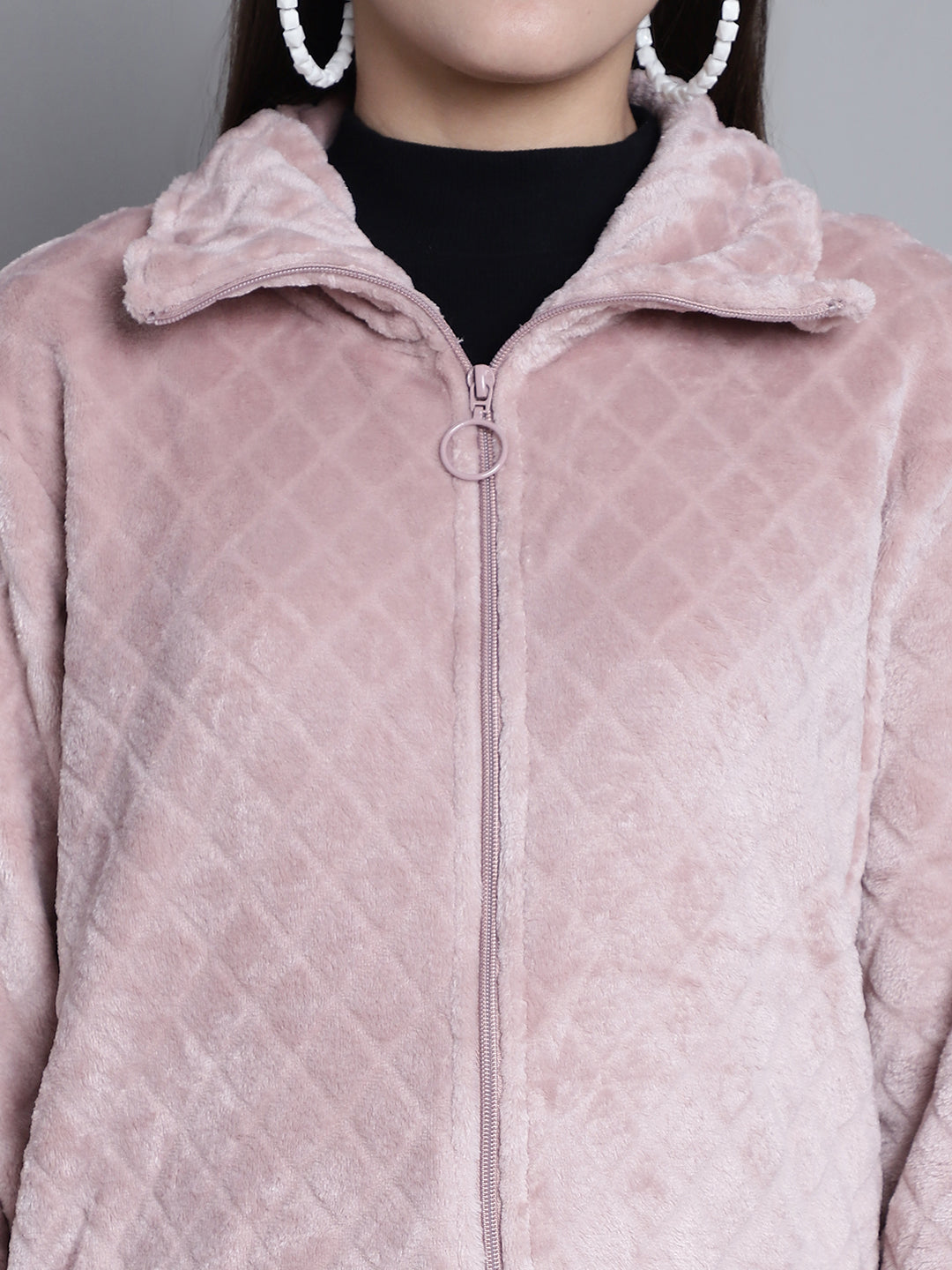 Solid Full Sleeve Zip-Front Winter Pink Jacket