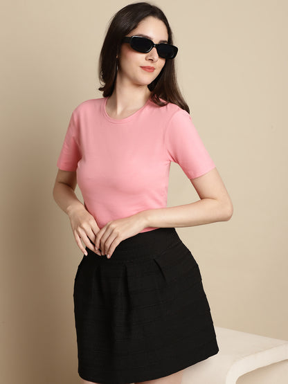 Cotton Half Sleeves Round Neck Pink Solid T-Shirt Top