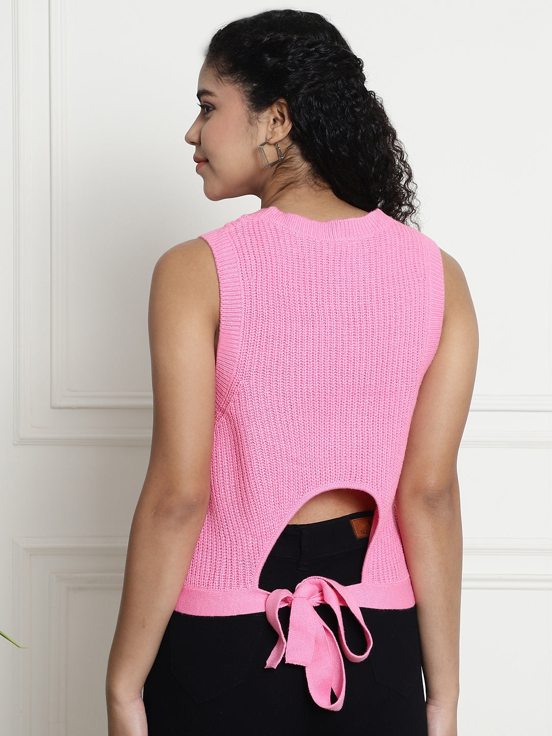 Round Neck with Back Tie-Up Pink Top