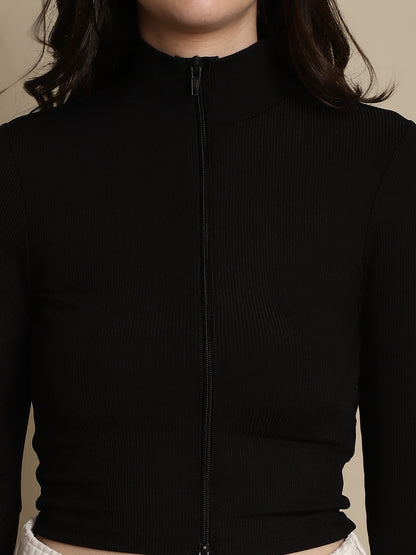 Fitted Polyester Zip-Front Full Sleeve High-Neck Black Top