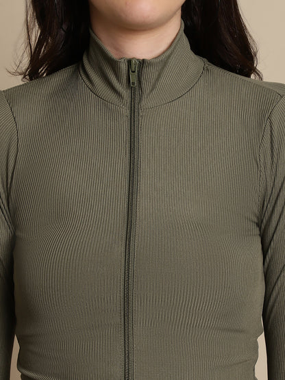 Fitted Polyester Zip-Front Full Sleeve High-Neck Dark Green Top