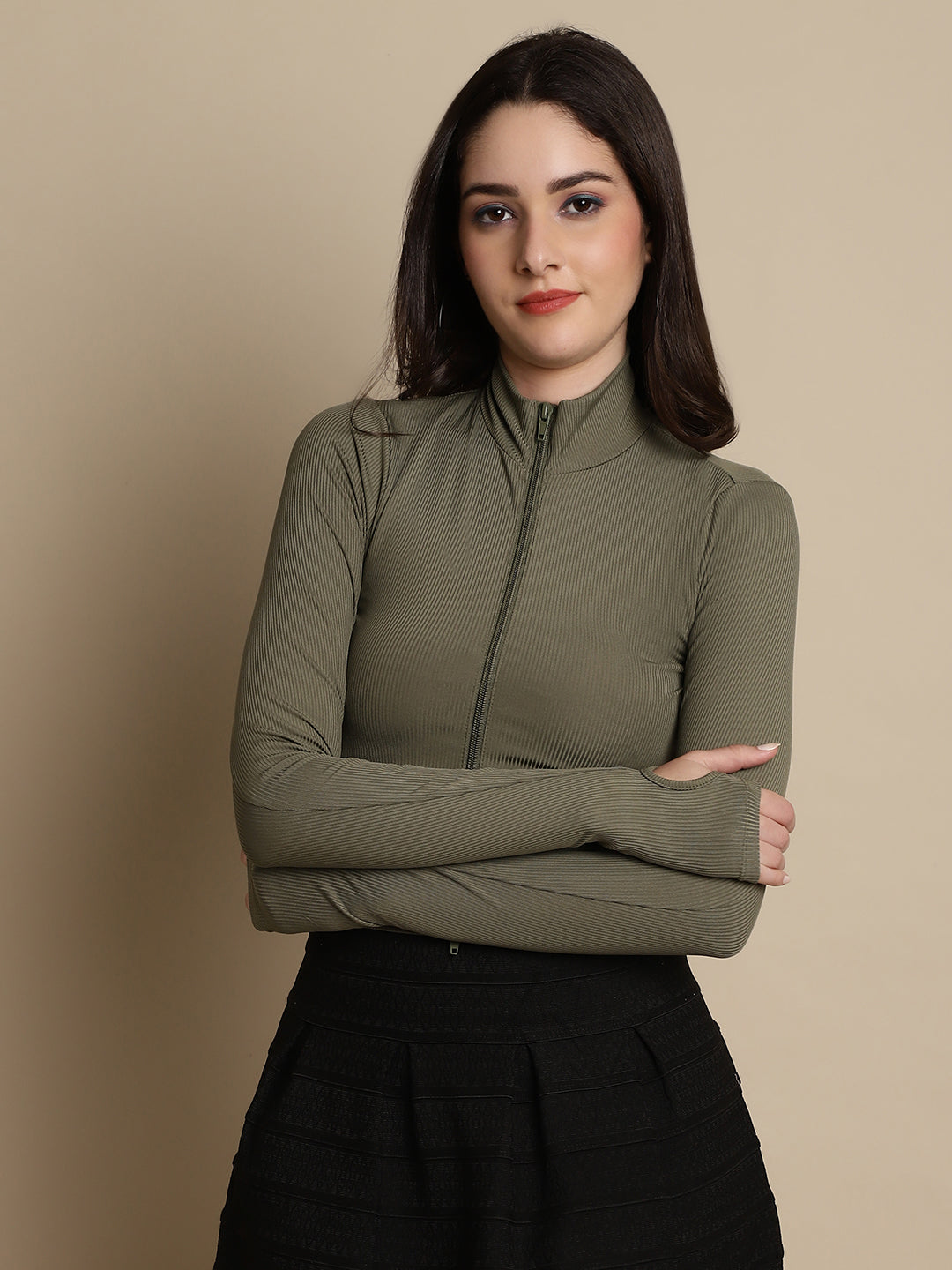 Fitted Polyester Zip-Front Full Sleeve High-Neck Dark Green Top