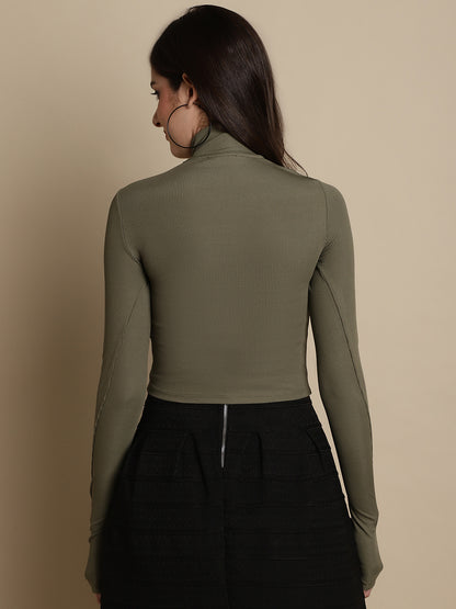 Fitted Polyester Zip-Front Full Sleeve High-Neck Dark Green Top