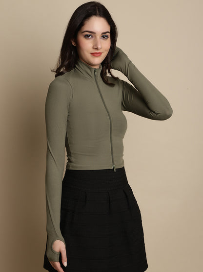 Fitted Polyester Zip-Front Full Sleeve High-Neck Dark Green Top