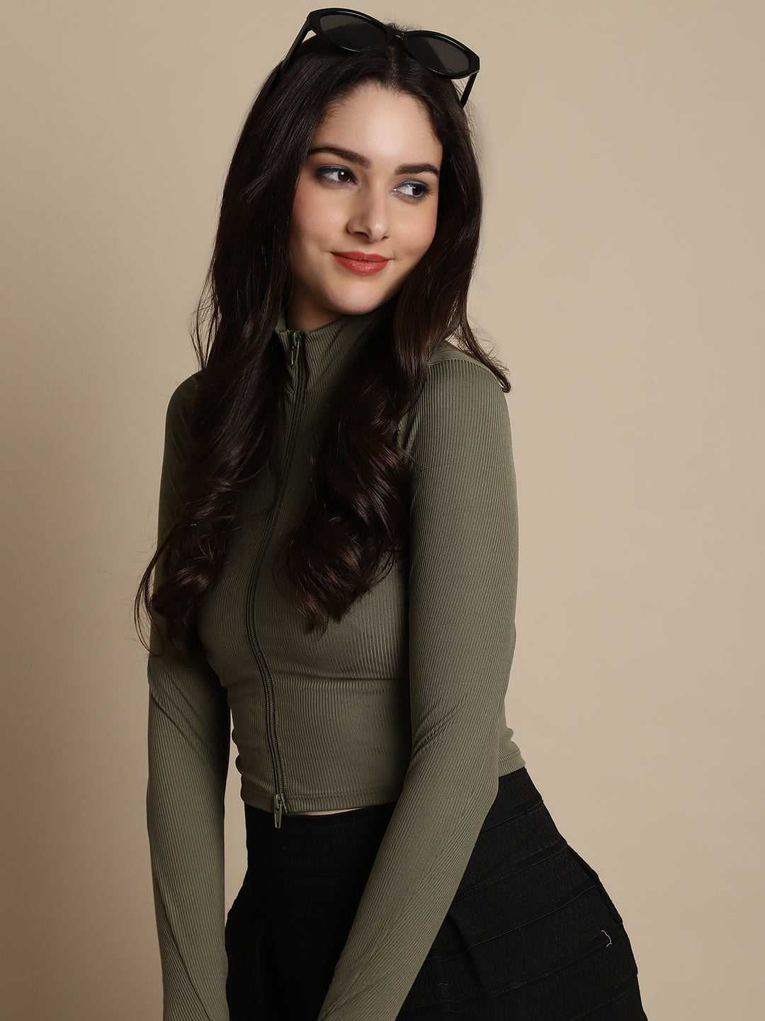 Fitted Polyester Zip-Front Full Sleeve High-Neck Dark Green Top