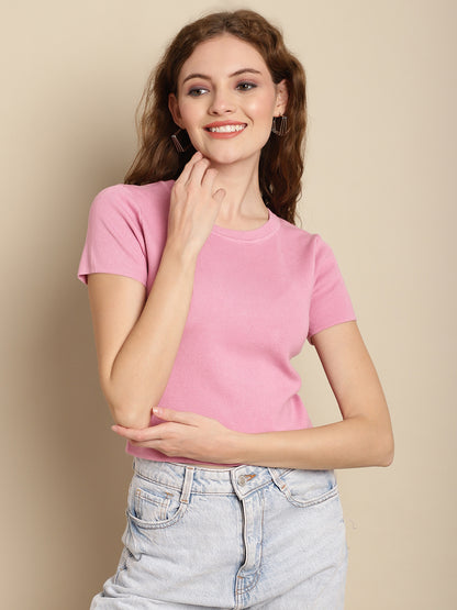 Pink Solid Cotton Round Neck Women's T-Shirt