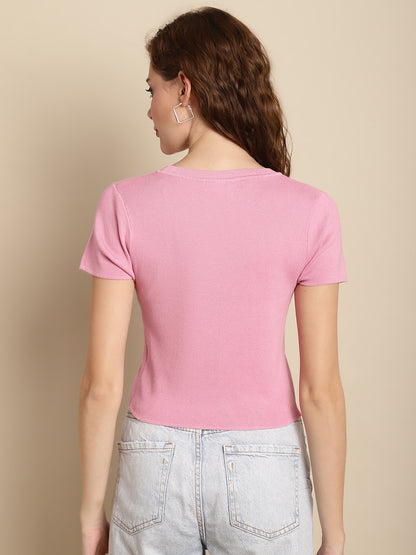 Pink Solid Cotton Round Neck Women's T-Shirt