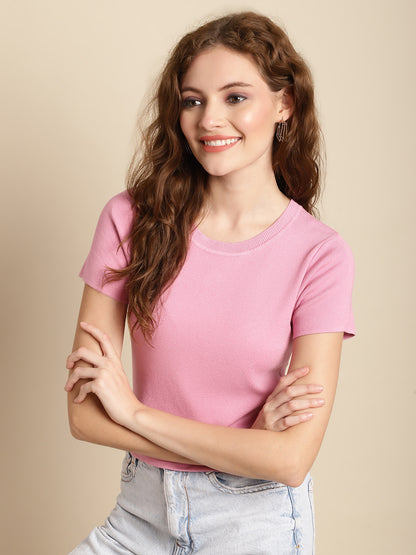 Pink Solid Cotton Round Neck Women's T-Shirt