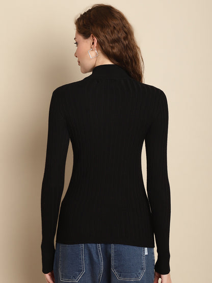 Viscose Turtle Neck Full Sleeve Ribbed Black Sweater