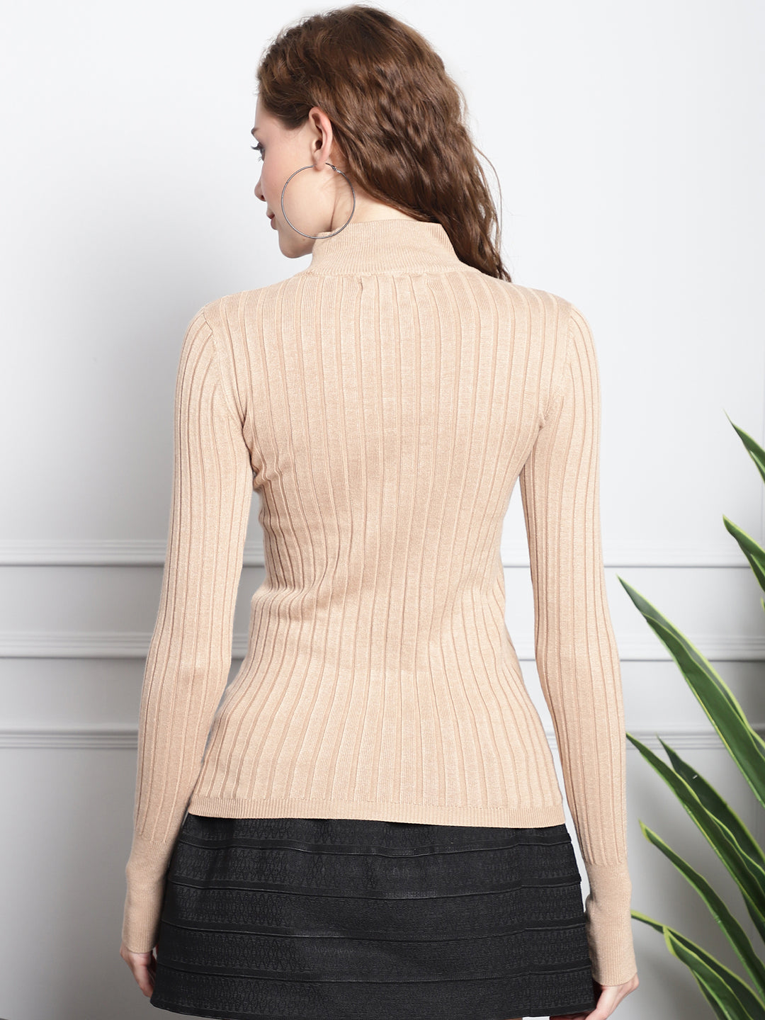 Viscose Turtle Neck Full Sleeve Ribbed Brown Sweater