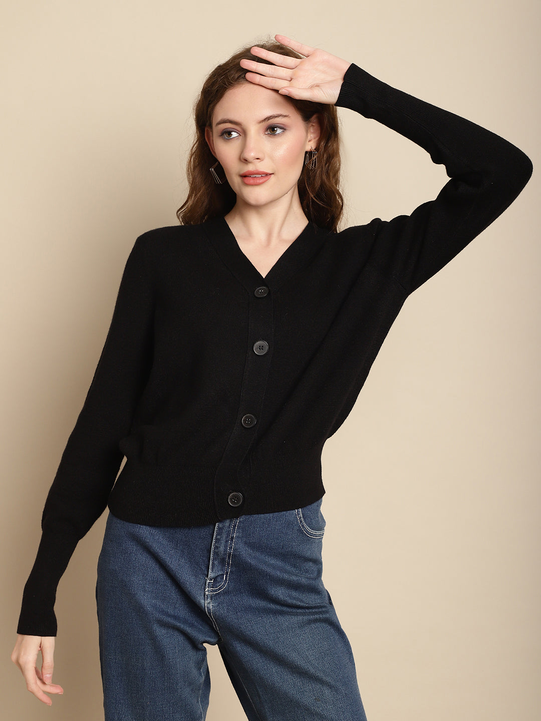 Black Front-Open V-Neck Cardigan