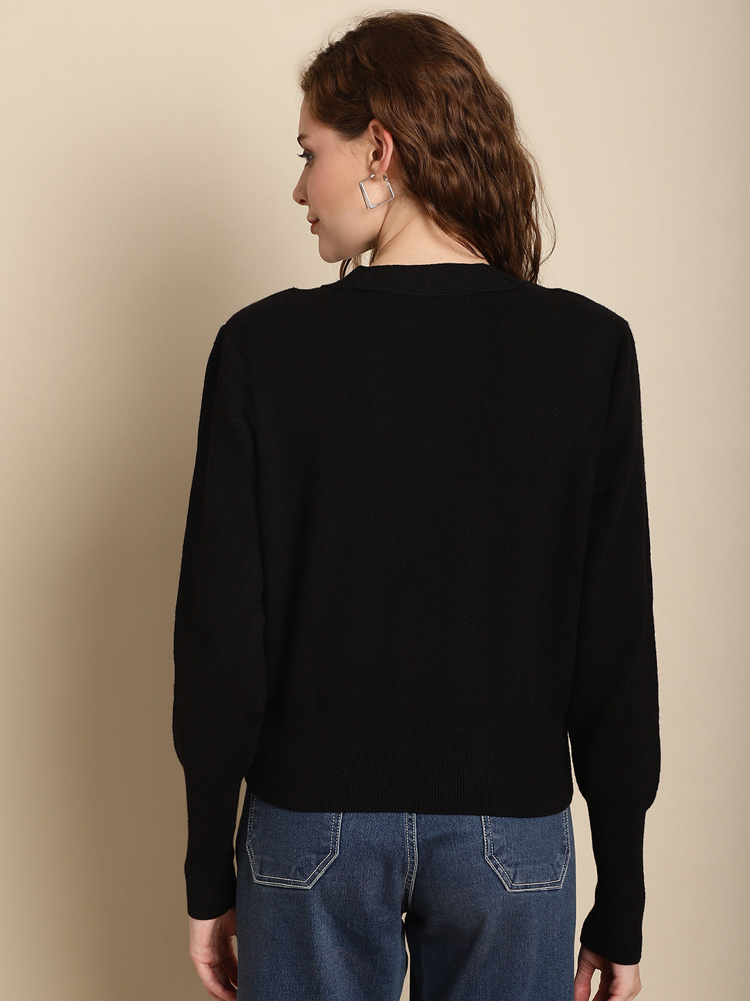 Black Front-Open V-Neck Cardigan