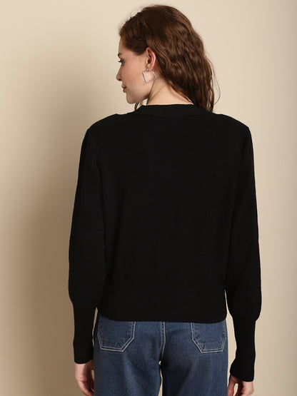 Black Front-Open V-Neck Cardigan