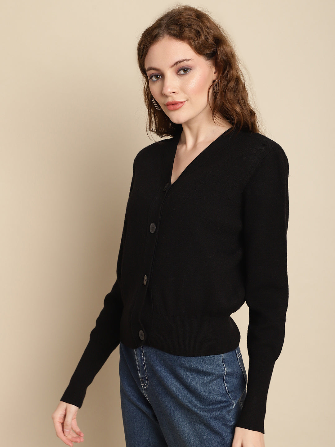 Black Front-Open V-Neck Cardigan