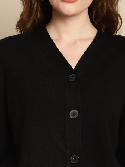 Black Front-Open V-Neck Cardigan