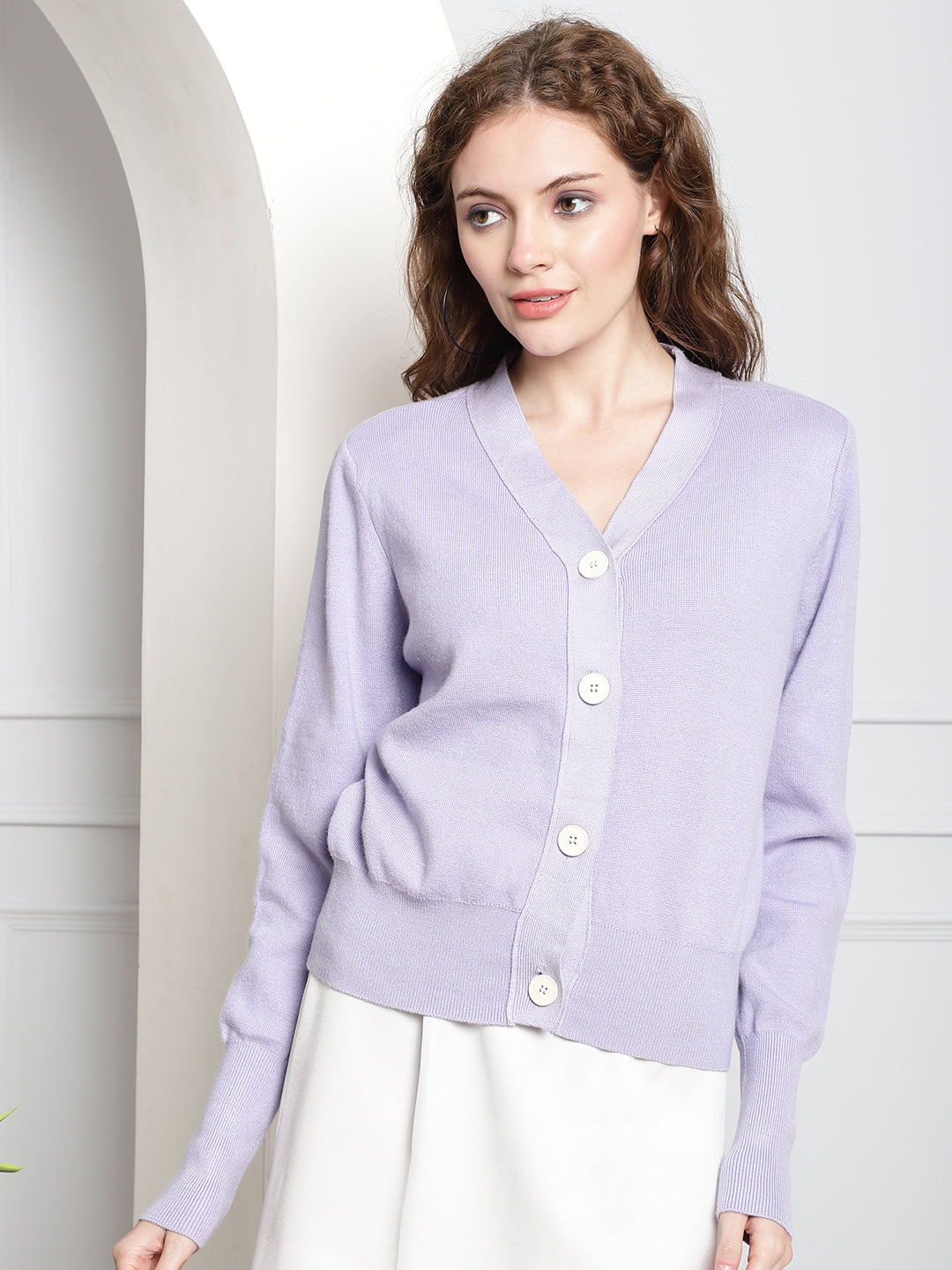 Purple Front-Open V-Neck Cardigan